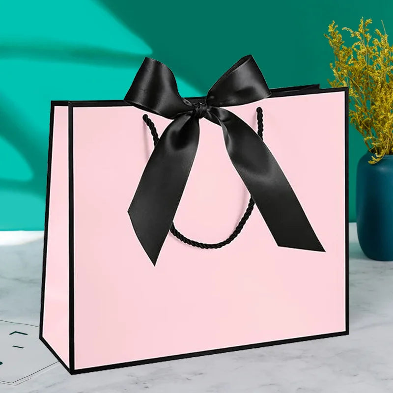 [Pack of 2/6 ] High Quality Pretty Pink Gift Bag Gift Box Ornament Pajama Book Black Handle with Ribbon Paper Box Bag